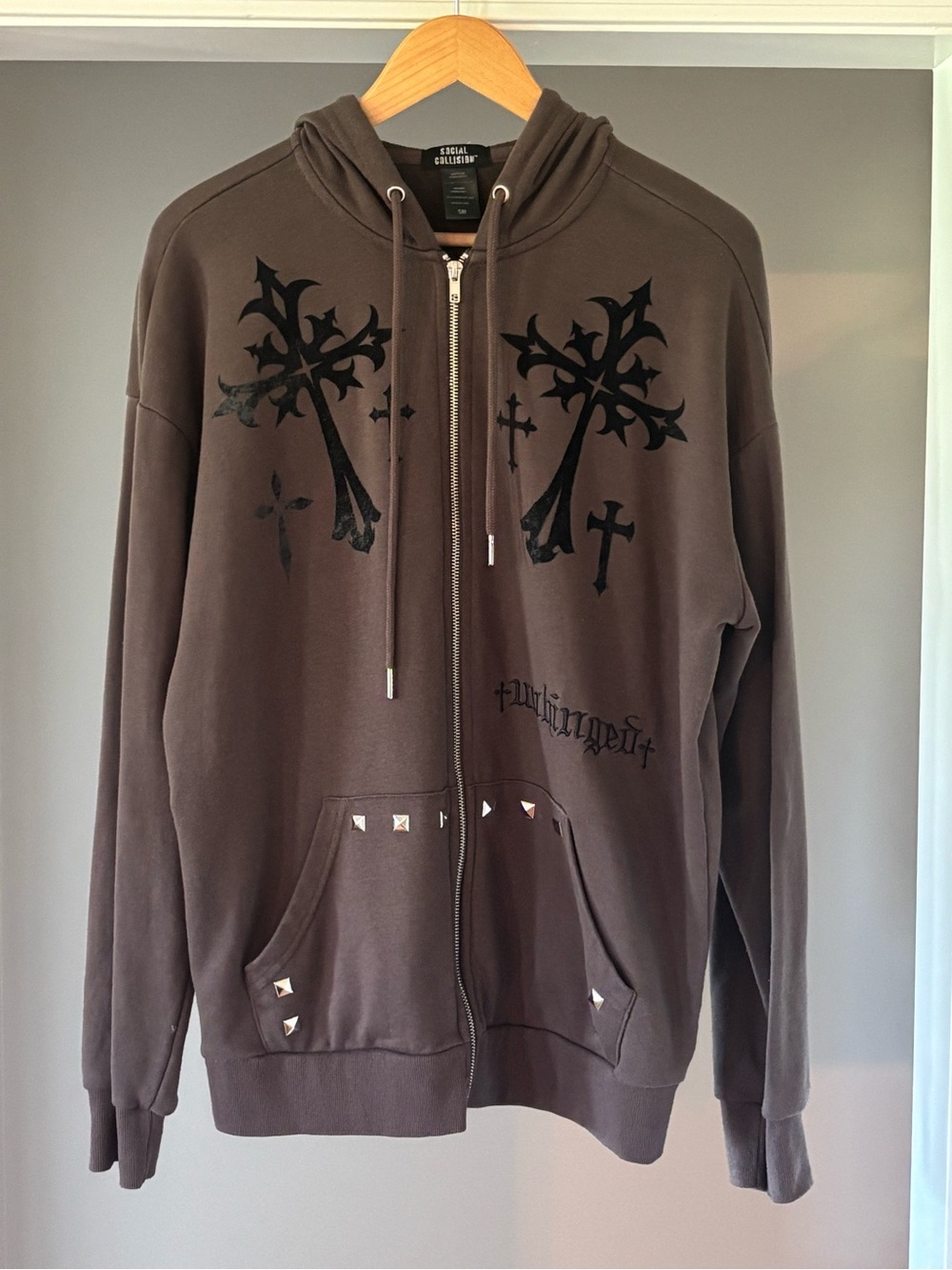 Men's Dark Brown Stud-Accent Zip Hoodie with Graphic Cross Motif
